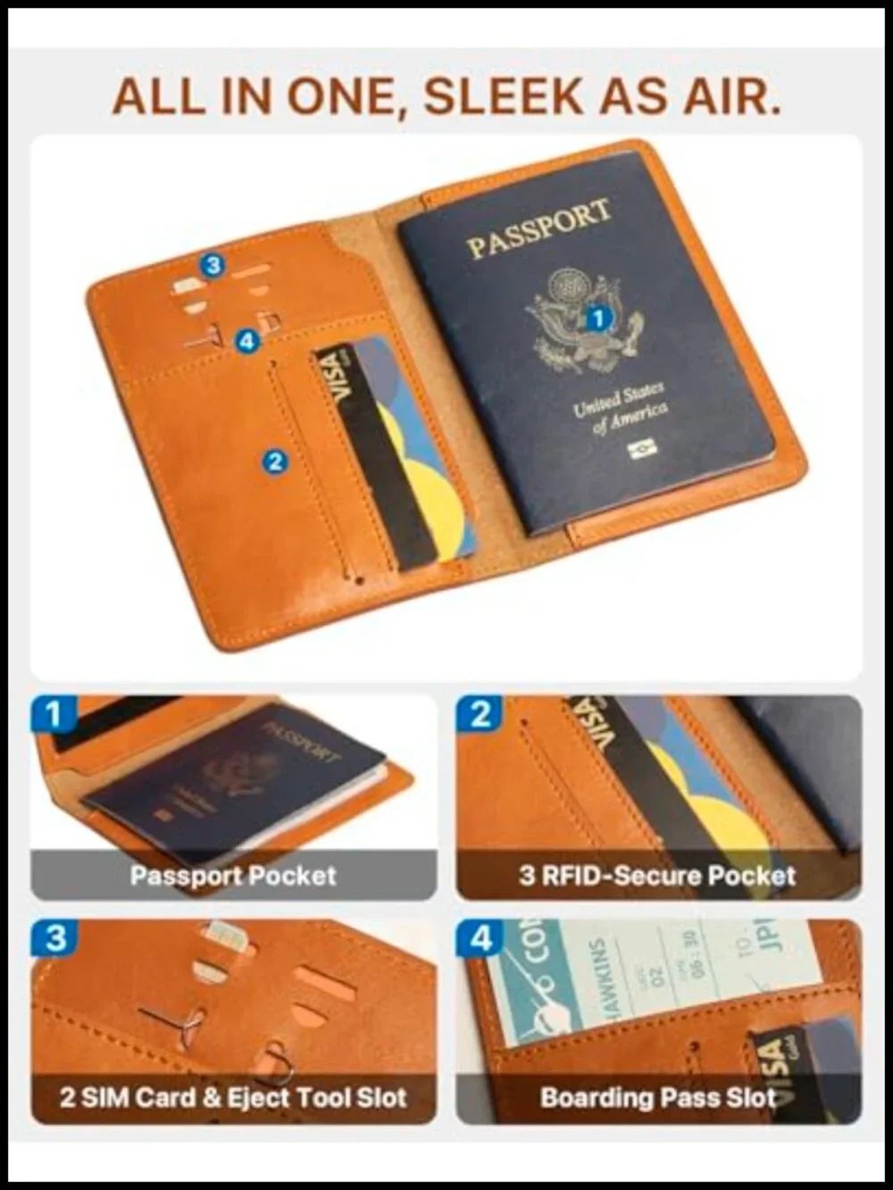 Genuine Leather Passport Holder with AirTag Slot RFID Travel Wallet